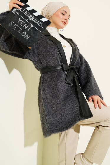 Deri Garnili Sakallı Ceket Füme - Ceket