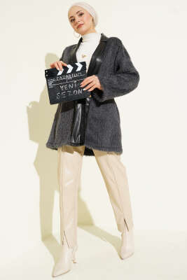 Deri Garnili Sakallı Ceket Füme - Ceket