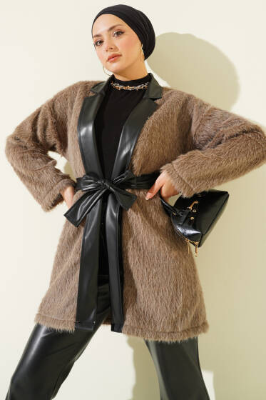 Deri Garnili Sakallı Ceket Vizon - Ceket