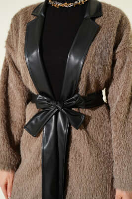 Deri Garnili Sakallı Ceket Vizon - Ceket