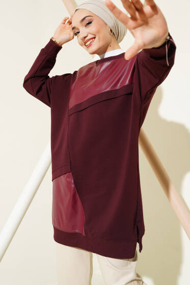 	 Deri Garnili Salaş Tunik Bordo - Tunik