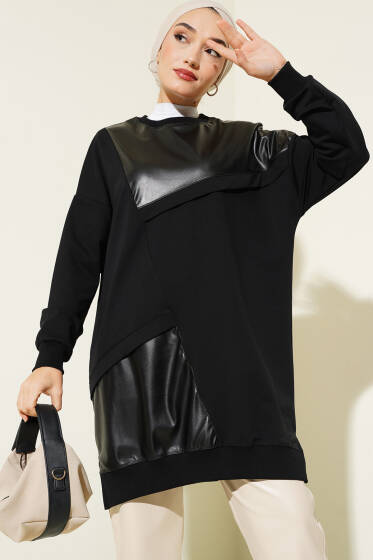 Deri Garnili Salaş Tunik Siyah - Tunik