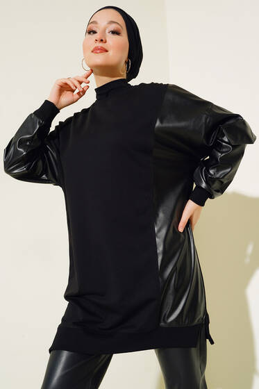 Deri Garnili Yırtmaçlı Tunik Siyah - Tunik