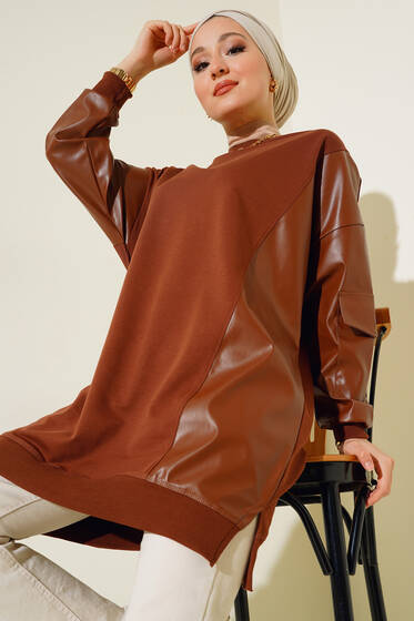 Deri Garnili Yırtmaçlı Tunik Taba - Tunik