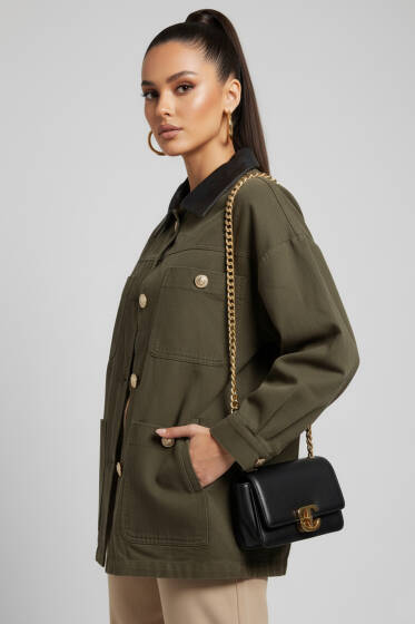 Deri Gömlek Yakalı Düğmeli Ceket Haki - Kadın Giyim Modelleri