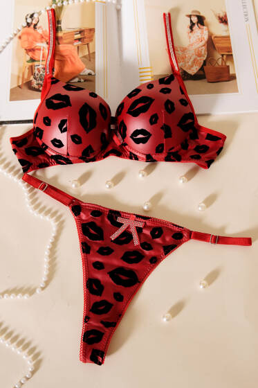 Deri Görünümlü Destekli Sütyen Takım Bordo Siyah - Destekli Sütyen Takım