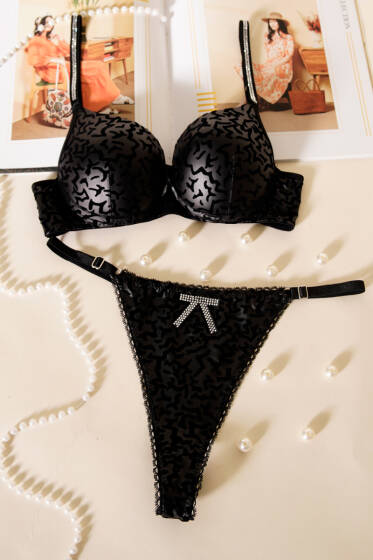 Deri Görünümlü Destekli Sütyen Takım Siyah - Destekli Sütyen Takım