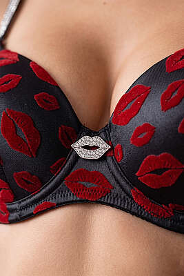 Deri Görünümlü Destekli Sütyen Takım Siyah Kırmızı - Destekli Sütyen Takım