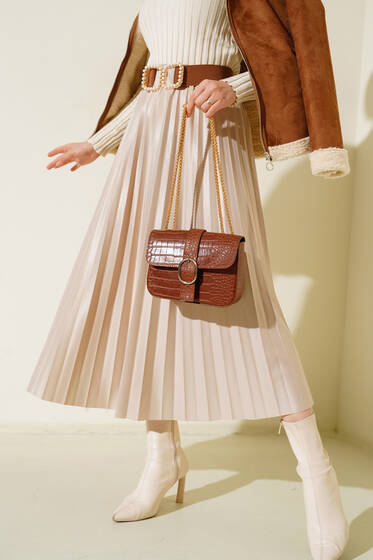 Deri Görünümlü Etek Bej - Uzun Etek