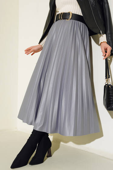 Deri Görünümlü Etek Gri - Uzun Etek