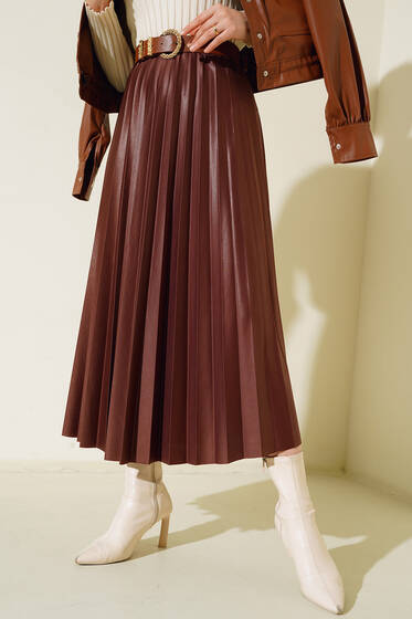 Deri Görünümlü Etek Kahve - Uzun Etek