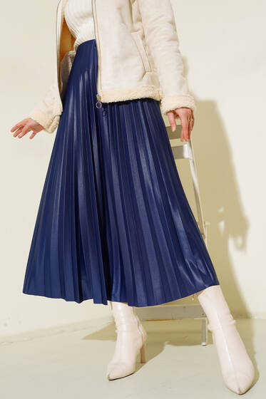 Deri Görünümlü Etek Lacivert - Uzun Etek