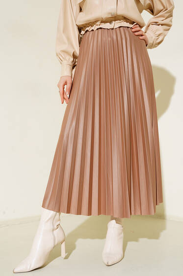 Deri Görünümlü Etek Latte - Uzun Etek