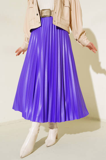 Deri Görünümlü Etek Mor - Uzun Etek