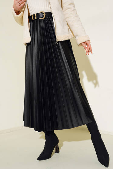 Deri Görünümlü Etek Siyah - Uzun Etek