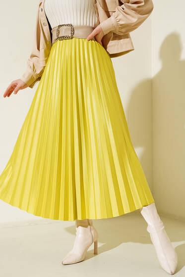 Deri Görünümlü Etek Yağ Yeşili - Uzun Etek