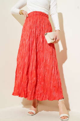 Deri Görünümlü Kırışık Etek Alizarin 