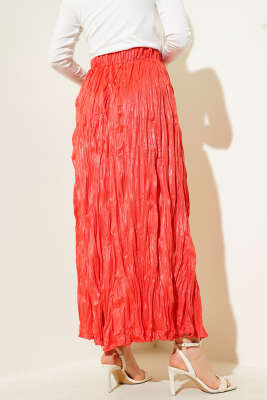 Deri Görünümlü Kırışık Etek Alizarin - Uzun Etek