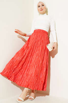 Deri Görünümlü Kırışık Etek Alizarin - Uzun Etek