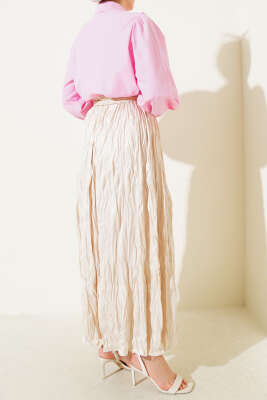 Deri Görünümlü Kırışık Etek Bej - Uzun Etek