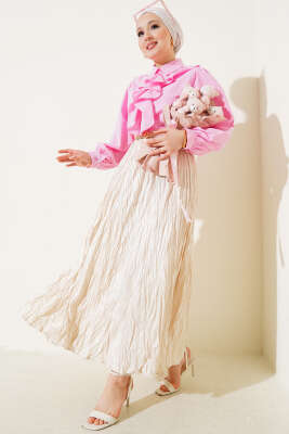 Deri Görünümlü Kırışık Etek Bej - Uzun Etek