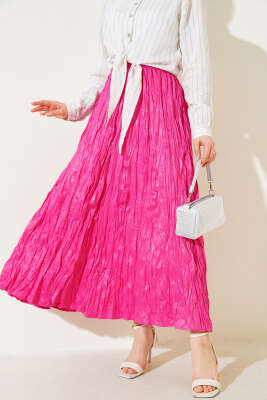 Deri Görünümlü Kırışık Etek Fuşya 