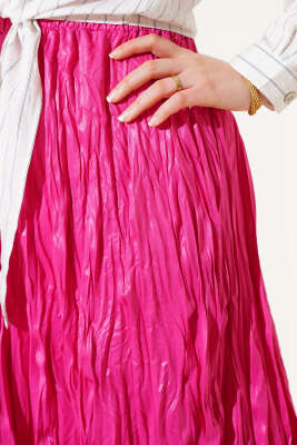 Deri Görünümlü Kırışık Etek Fuşya - Uzun Etek