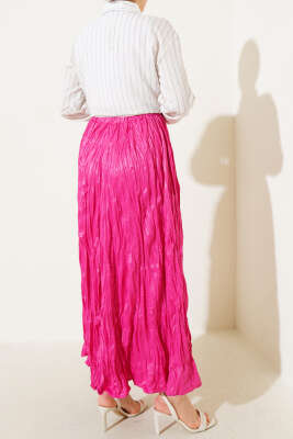 Deri Görünümlü Kırışık Etek Fuşya - Uzun Etek
