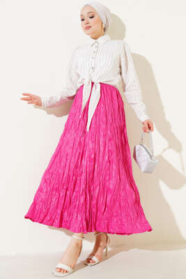 Deri Görünümlü Kırışık Etek Fuşya - Uzun Etek