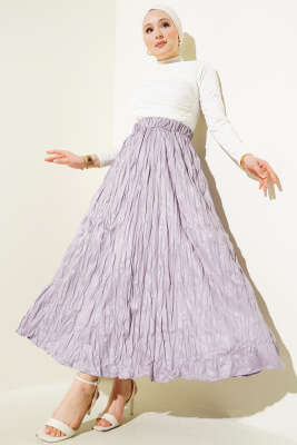 Deri Görünümlü Kırışık Etek Lila - Uzun Etek