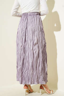 Deri Görünümlü Kırışık Etek Lila - Uzun Etek