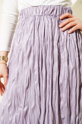 Deri Görünümlü Kırışık Etek Lila - Uzun Etek