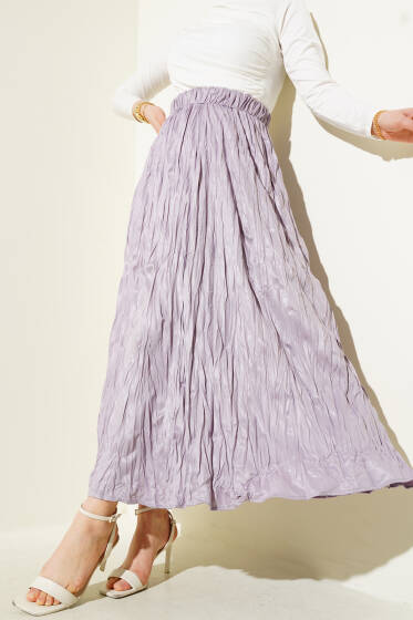 Deri Görünümlü Kırışık Etek Lila - Yılın Fırsatı