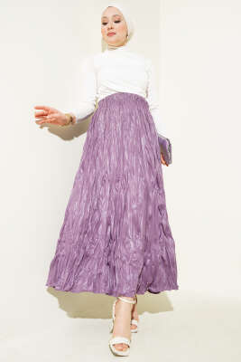 Deri Görünümlü Kırışık Etek Magenta - Uzun Etek