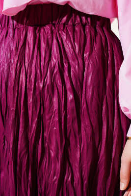 Deri Görünümlü Kırışık Etek Mürdüm - Uzun Etek