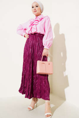 Deri Görünümlü Kırışık Etek Mürdüm - Uzun Etek