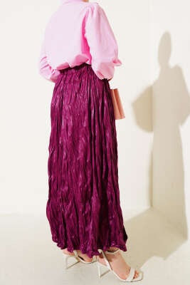 Deri Görünümlü Kırışık Etek Mürdüm - Uzun Etek