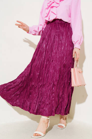 Deri Görünümlü Kırışık Etek Mürdüm - Yılın Fırsatı