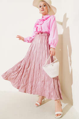 Deri Görünümlü Kırışık Etek Pudra - Uzun Etek