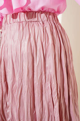 Deri Görünümlü Kırışık Etek Pudra - Uzun Etek