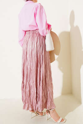 Deri Görünümlü Kırışık Etek Pudra - Uzun Etek