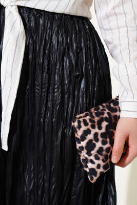 Deri Görünümlü Kırışık Etek Siyah - Uzun Etek