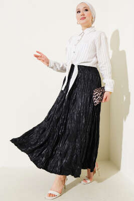 Deri Görünümlü Kırışık Etek Siyah - Uzun Etek