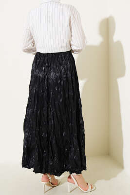 Deri Görünümlü Kırışık Etek Siyah - Uzun Etek