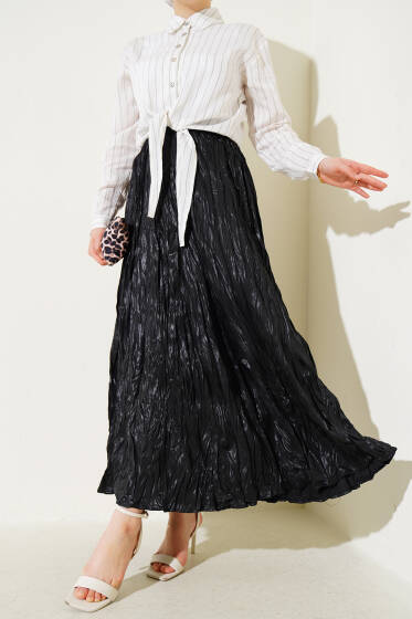 Deri Görünümlü Kırışık Etek Siyah - Yılın Fırsatı