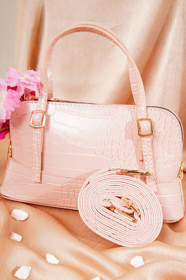 Deri Görünümlü Omuz Çantası Pudra - Kol Çantası