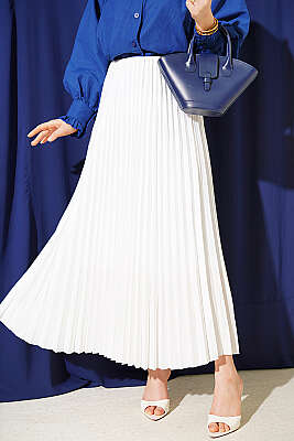 Deri Görünümlü Pileli Etek Beyaz - BIGDART