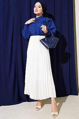 Deri Görünümlü Pileli Etek Beyaz - Etek