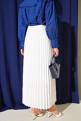 Deri Görünümlü Pileli Etek Beyaz - Etek