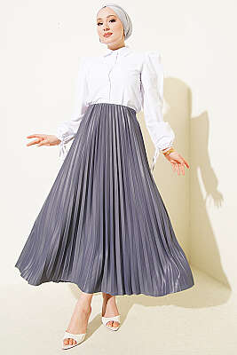 Deri Görünümlü Pileli Etek Füme - Etek